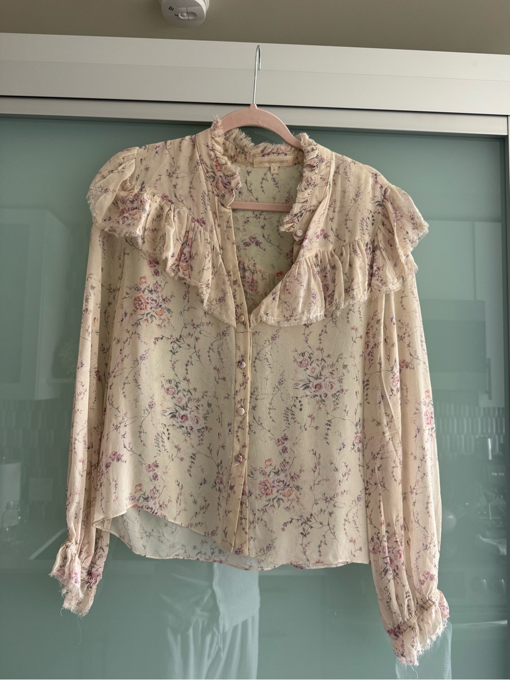 Loveshackfancy 100% Silk Floral Ruffle-Trim Long Sleeve Blouse - Cream